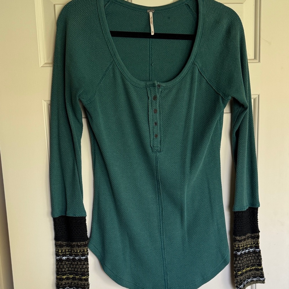 Free People Teal Henley with Striped Cuffs